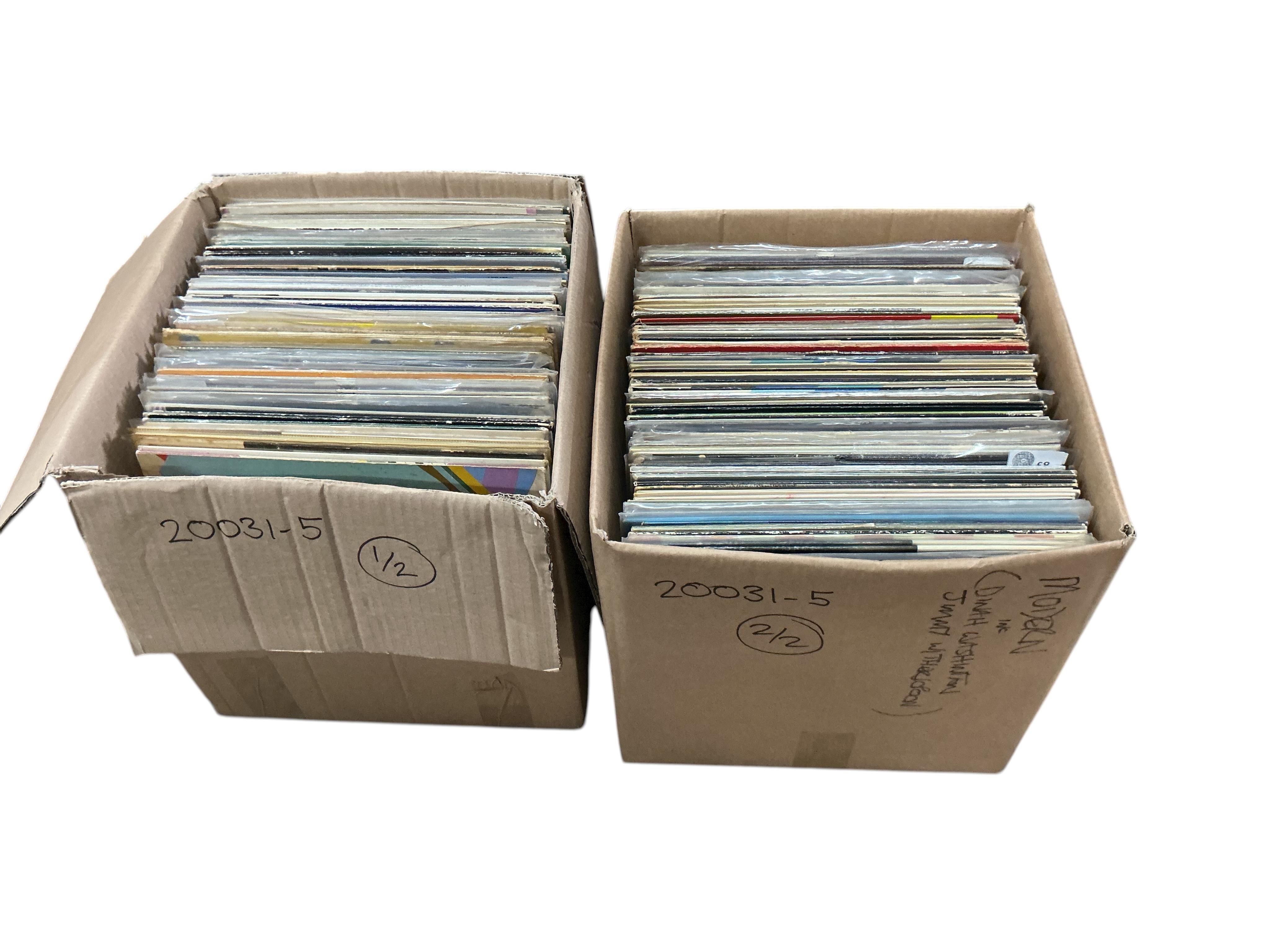Two boxes of jazz LP record albums, artists including; Ray Charles, Jimmy Witherspoon, Esther Phillips, Dinah Washington, Count Basie, Bud Powell, Herbie Mann, Jack Sheldon, Oscar Peterson, etc.